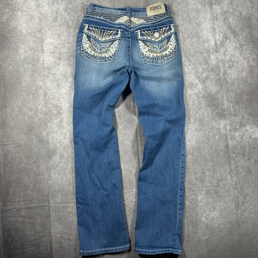 Rebel Soul Women's 9/29 Blue Wing Embroidered Sequin Skinny Jeans‎ Y2K Bling